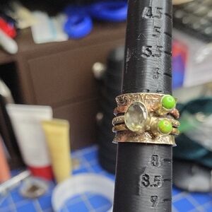 Silver Copper Gold Tone Faux Turquiose Green Yellow'ish Stone Ring Size 7